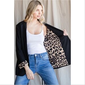 Chicos Women’s Black Blazer Long Large Leopard Print Quiet Luxury Old Money Chic